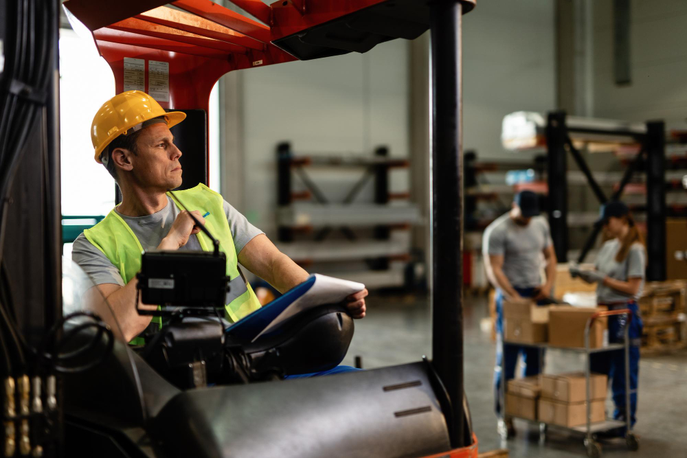 a worker sitting on forklift